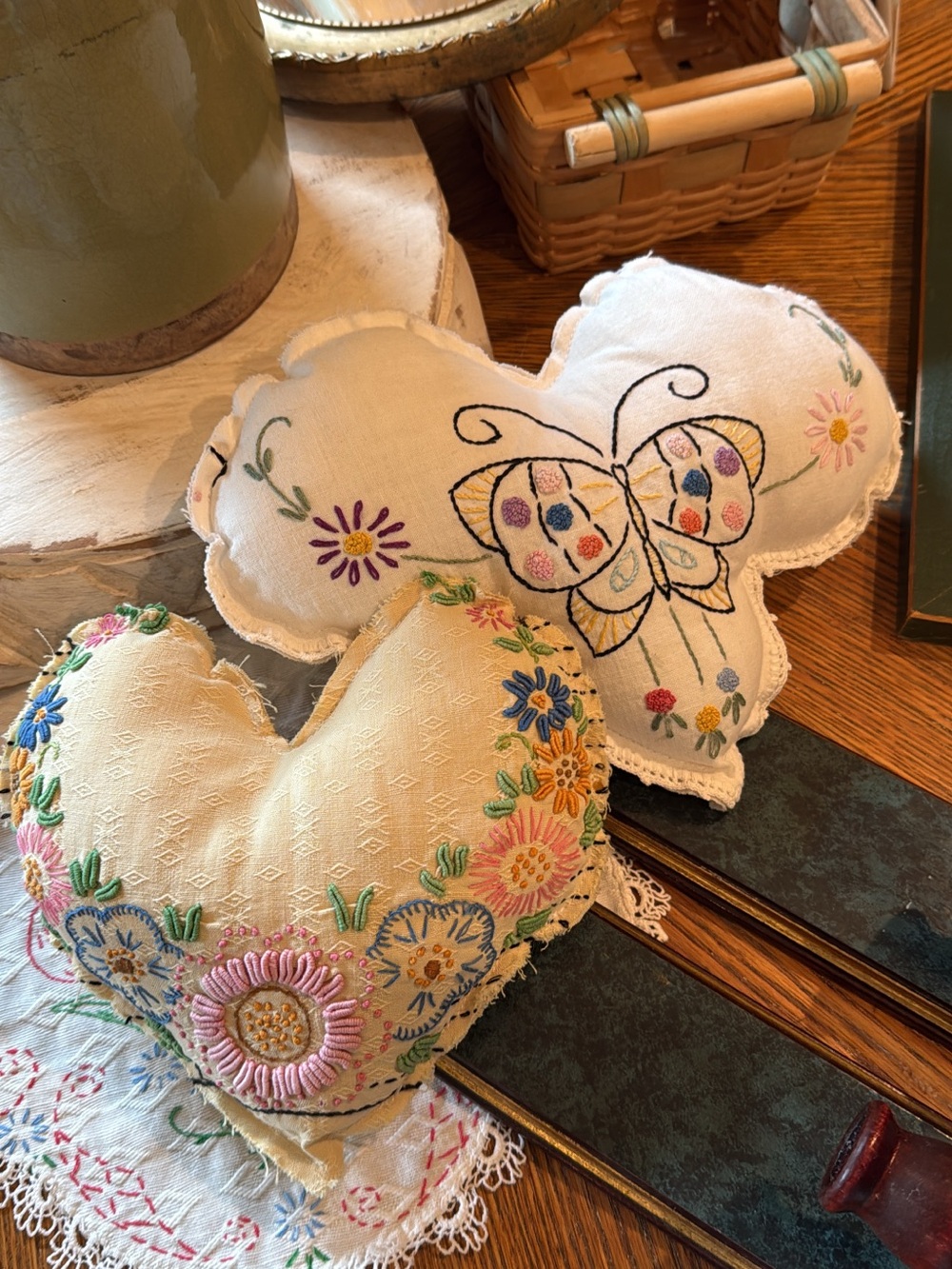 Embroidered Heart mini pillows with Floral & Butterfly - Pastel Yellow & White